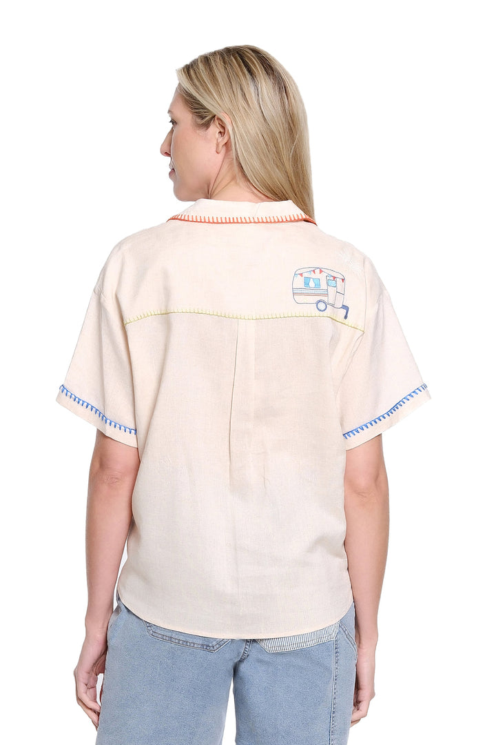 NATURAL VINTAGE EMBROIDERED CAMP SHIRT