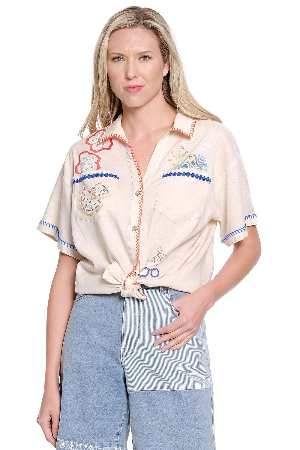 NATURAL VINTAGE EMBROIDERED CAMP SHIRT