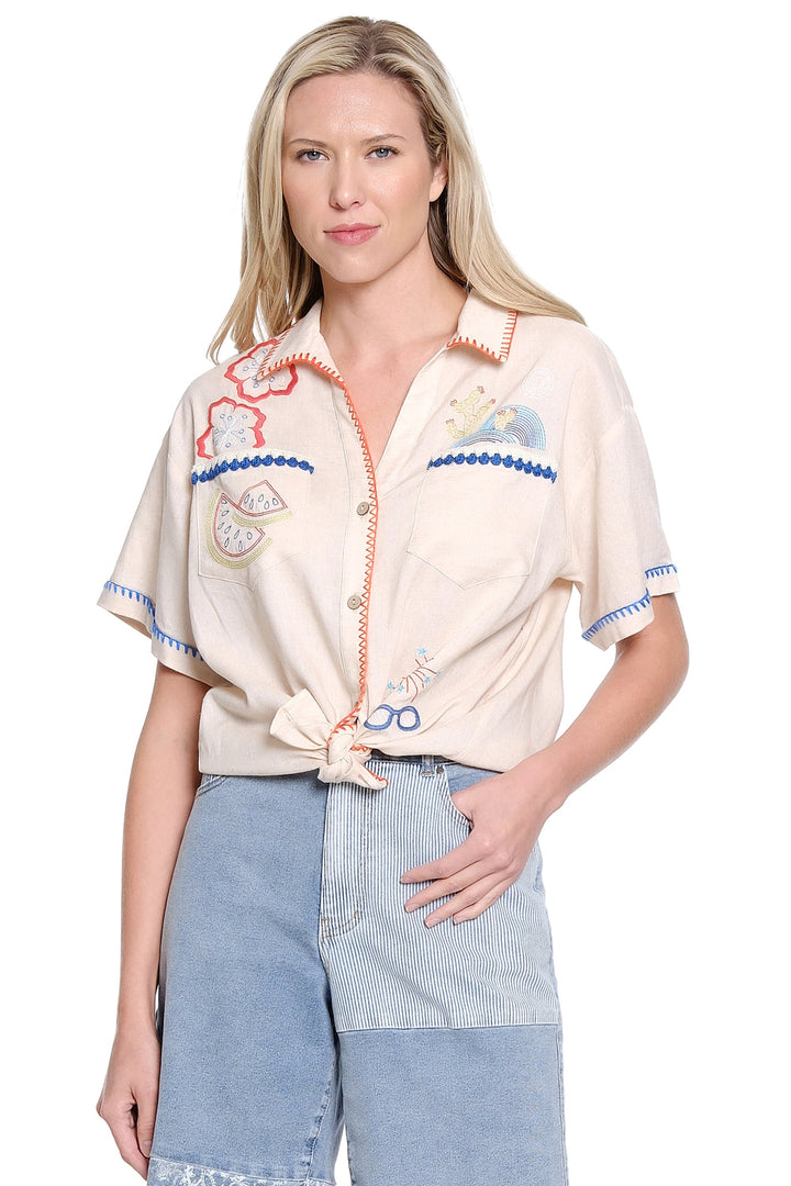 NATURAL VINTAGE EMBROIDERED CAMP SHIRT
