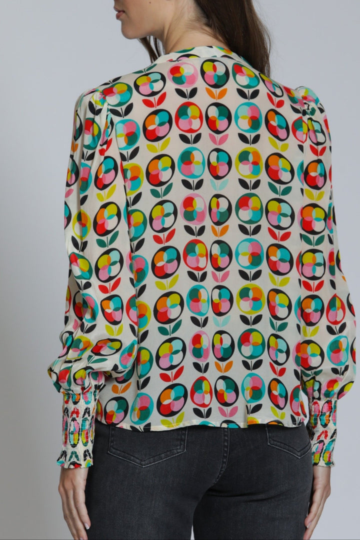 PETAL POP SPLIT NECK TOP WITH SMOCKED CUFFS