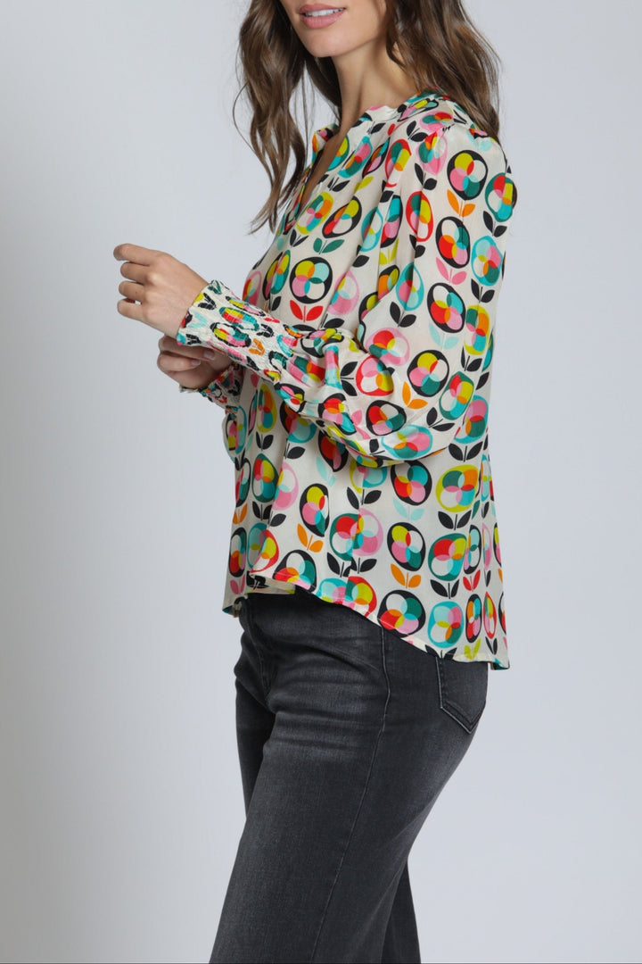 PETAL POP SPLIT NECK TOP WITH SMOCKED CUFFS