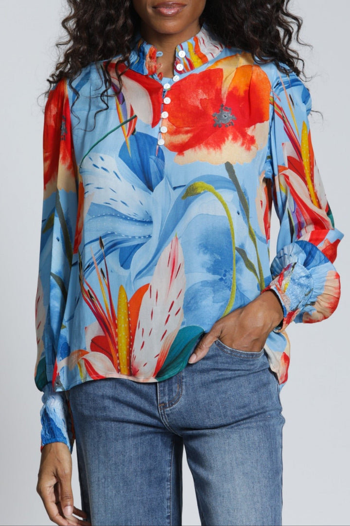 AZURE POPPY PUFFED SLEEVE BLOUSE