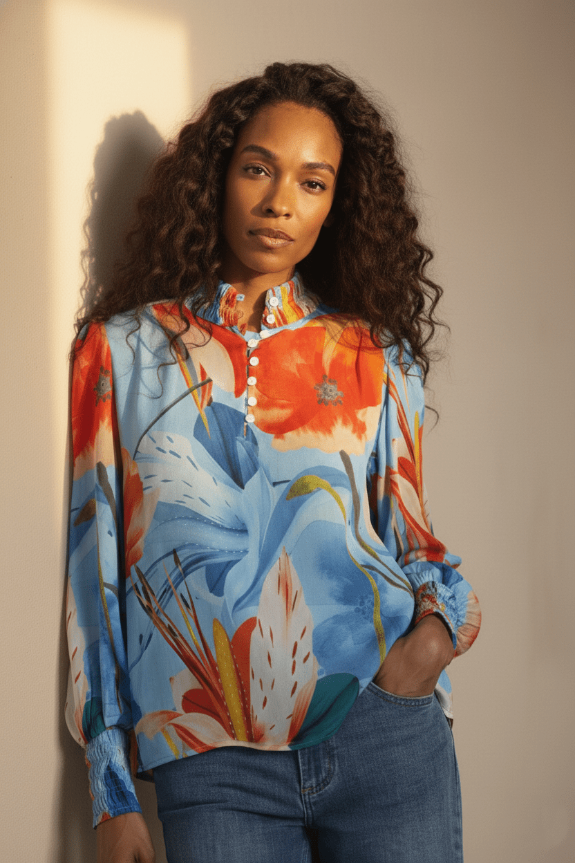 AZURE POPPY PUFFED SLEEVE BLOUSE
