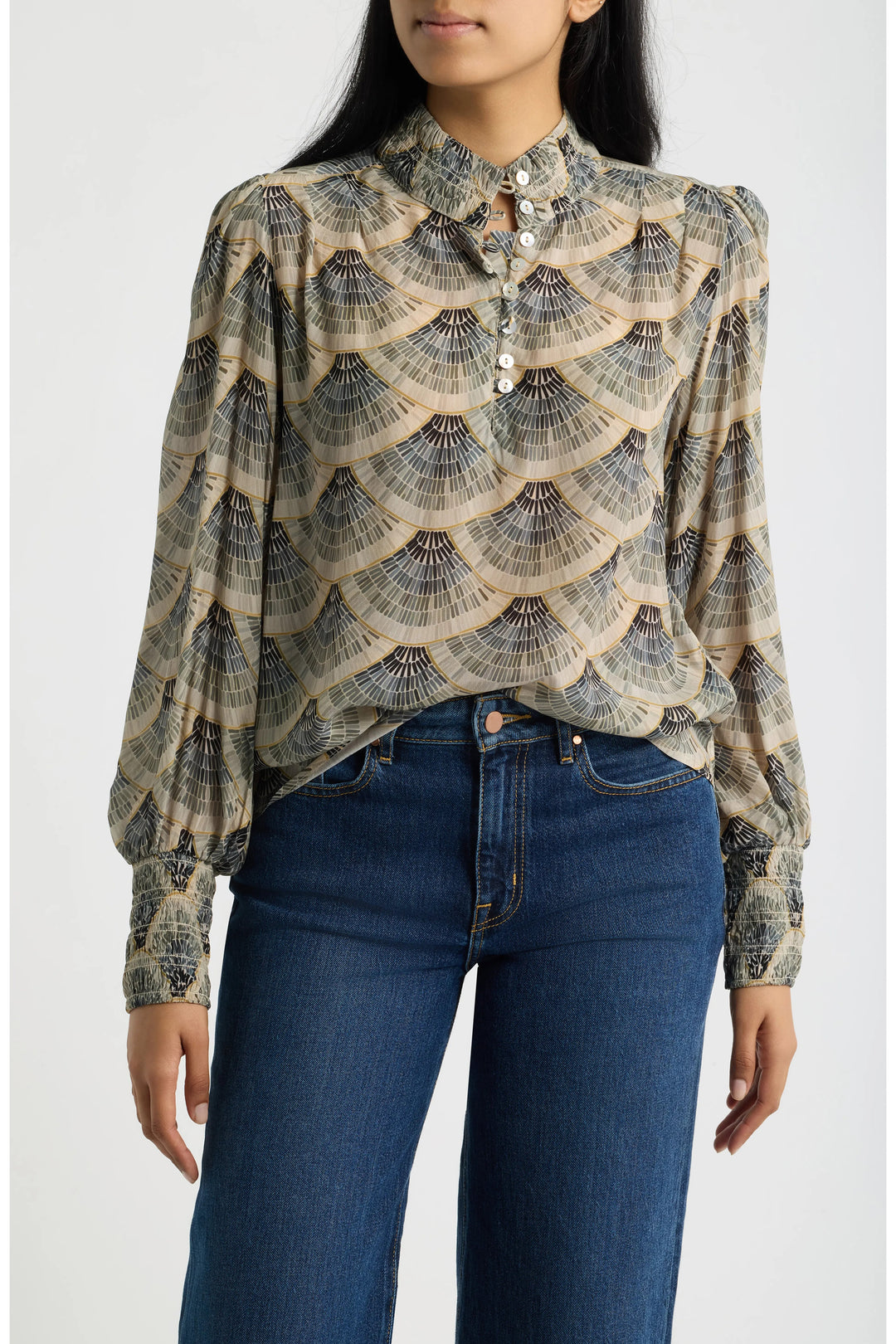 ART DECO FAN PUFF SLEEVE BLOUSE WITH RUCHED DETAIL