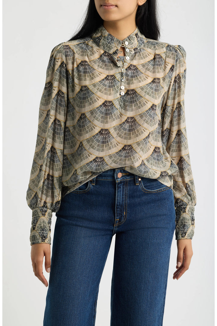ART DECO FAN PUFF SLEEVE BLOUSE WITH RUCHED DETAIL