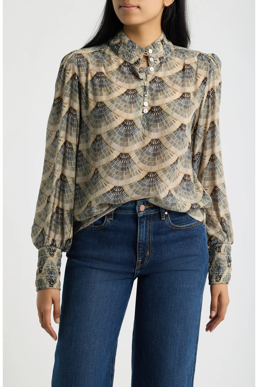 ART DECO FAN PUFF SLEEVE BLOUSE WITH RUCHED DETAIL
