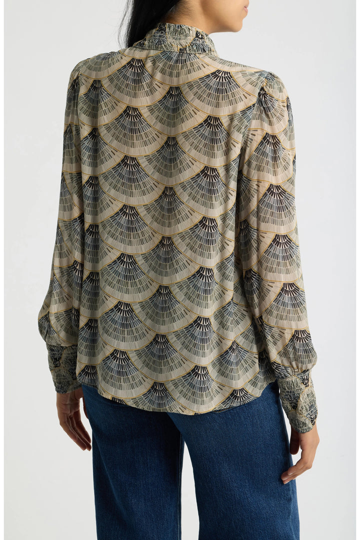 ART DECO FAN PUFF SLEEVE BLOUSE WITH RUCHED DETAIL