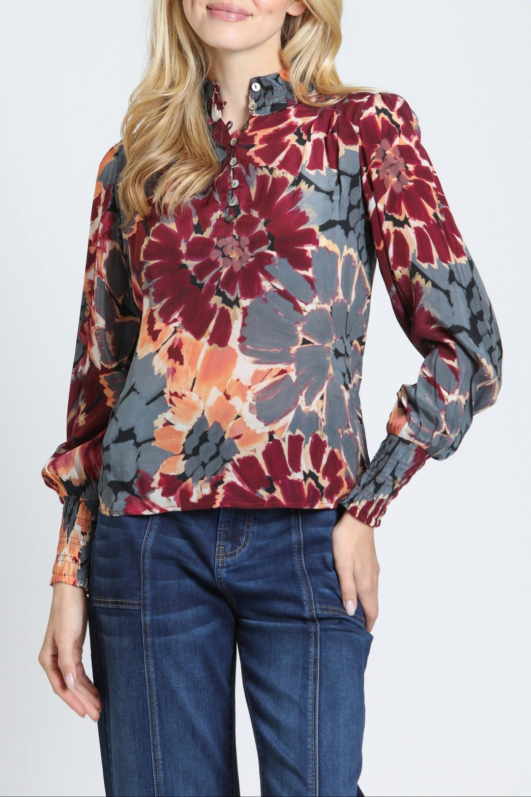 CRIMSON & SLATE PUFF SLEEVE BLOUSE