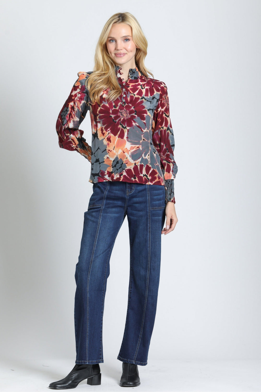 CRIMSON & SLATE PUFF SLEEVE BLOUSE
