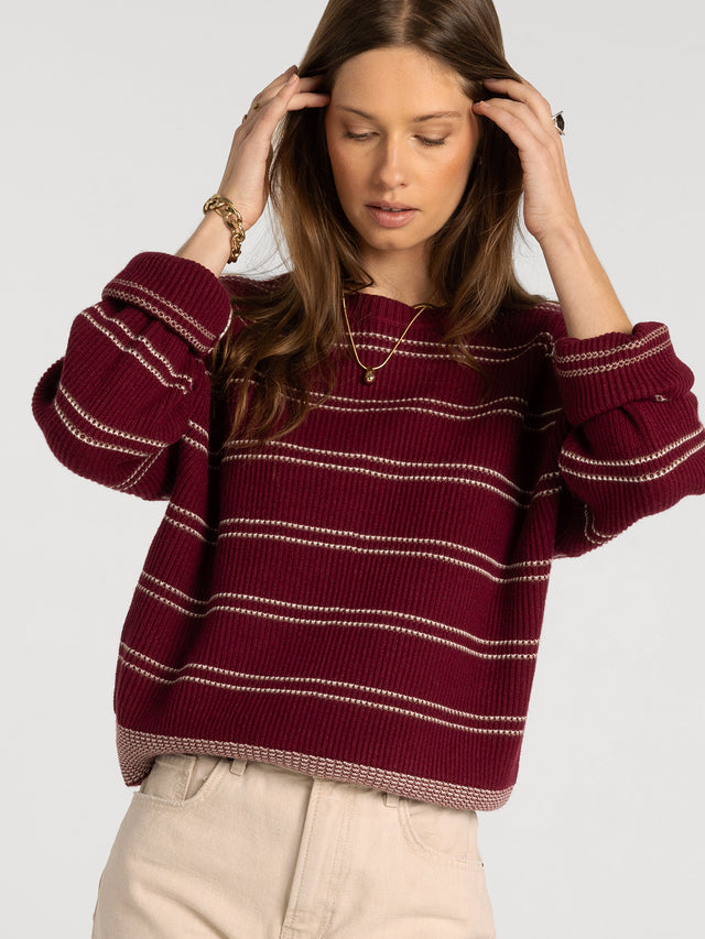 ELY WINE & IVORY STRIPE SWEATER
