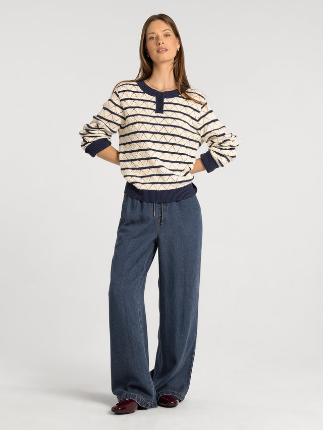 GEMMA OFF WHITE & NAVY STRIPE SWEATER