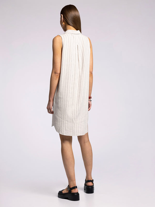 LINEN BLACK STRIPE REEF POINT DRESS