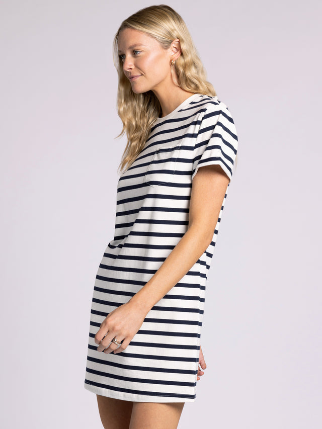 WHITE & NAVY STRIPE KICK BACK DRESS