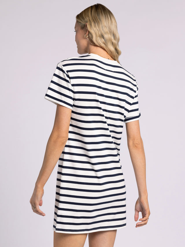 WHITE & NAVY STRIPE KICK BACK DRESS