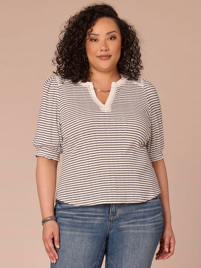 PLUS WHITE & NAVY STRIPE MANDARIN COLLAR KNIT TOP
