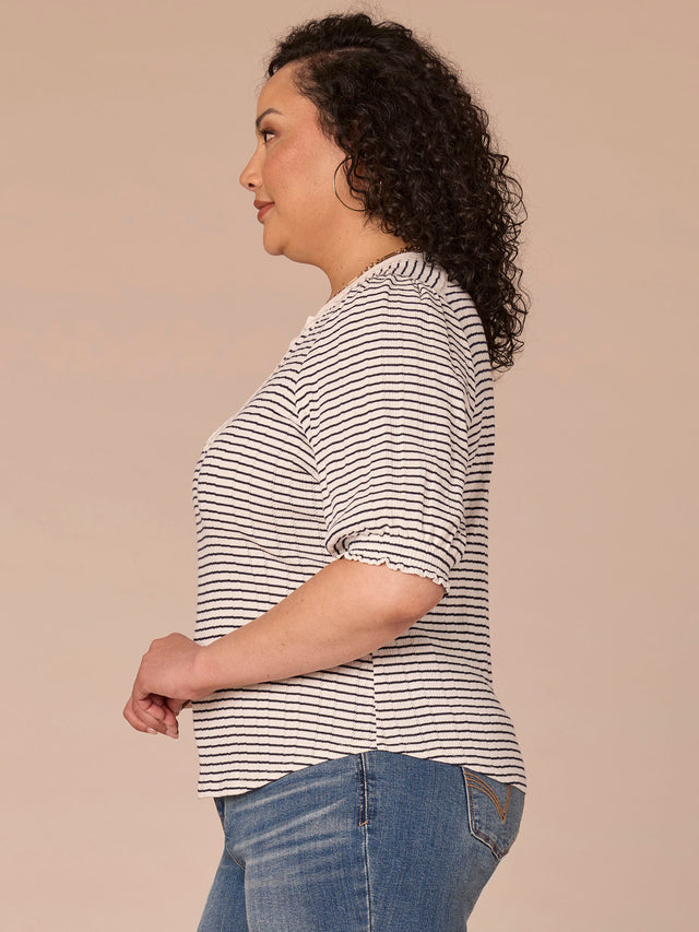 PLUS WHITE & NAVY STRIPE MANDARIN COLLAR KNIT TOP
