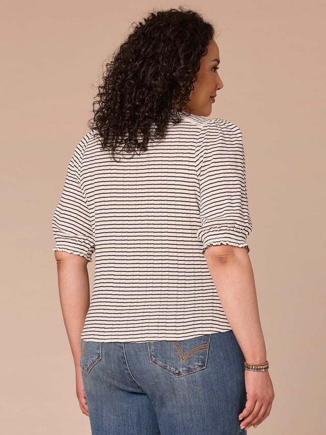 PLUS WHITE & NAVY STRIPE MANDARIN COLLAR KNIT TOP