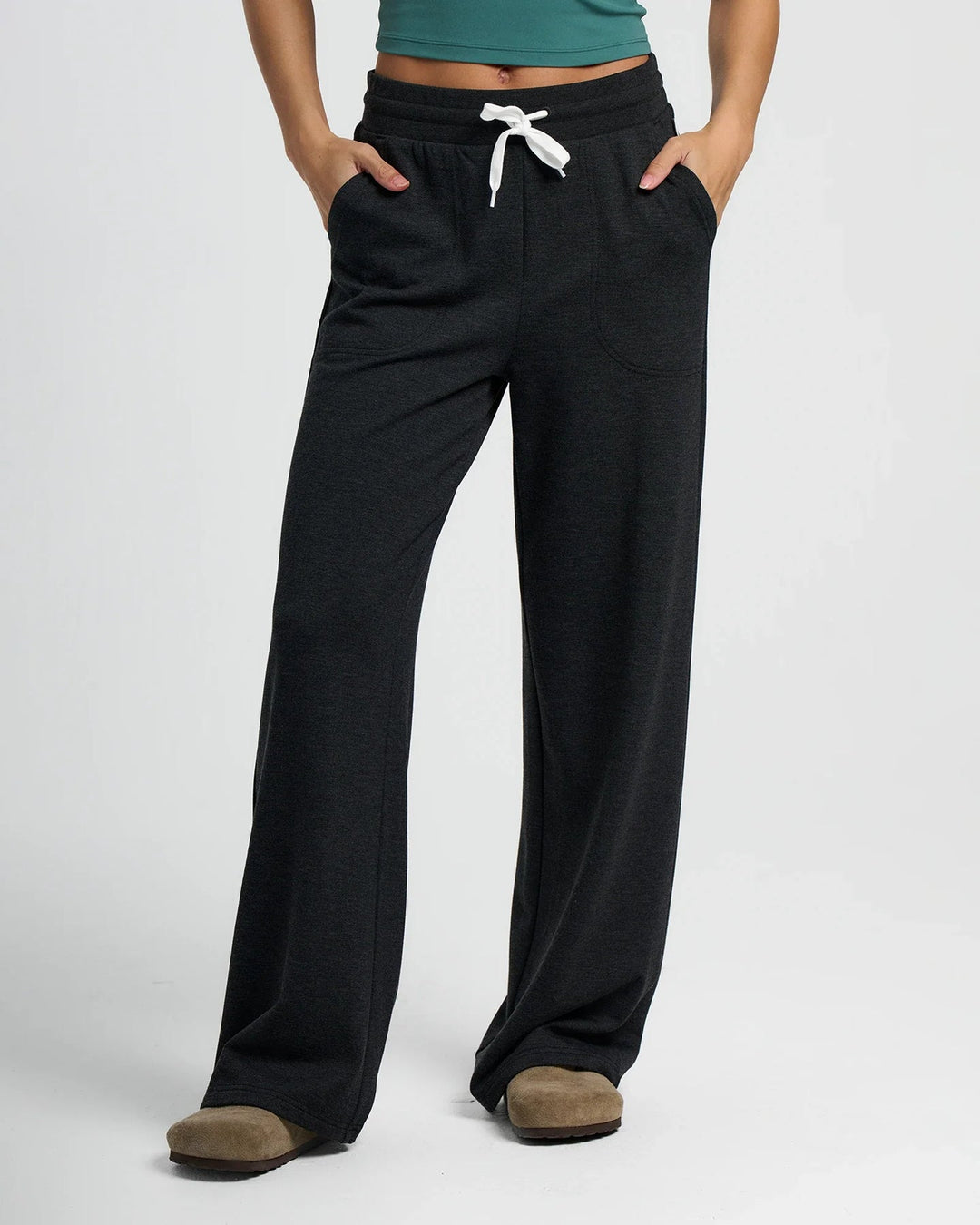 WOMEN'S HEATHER BLACK BAMBOO LIGHTWEIGHT FLEECE WIDE LEG PANT