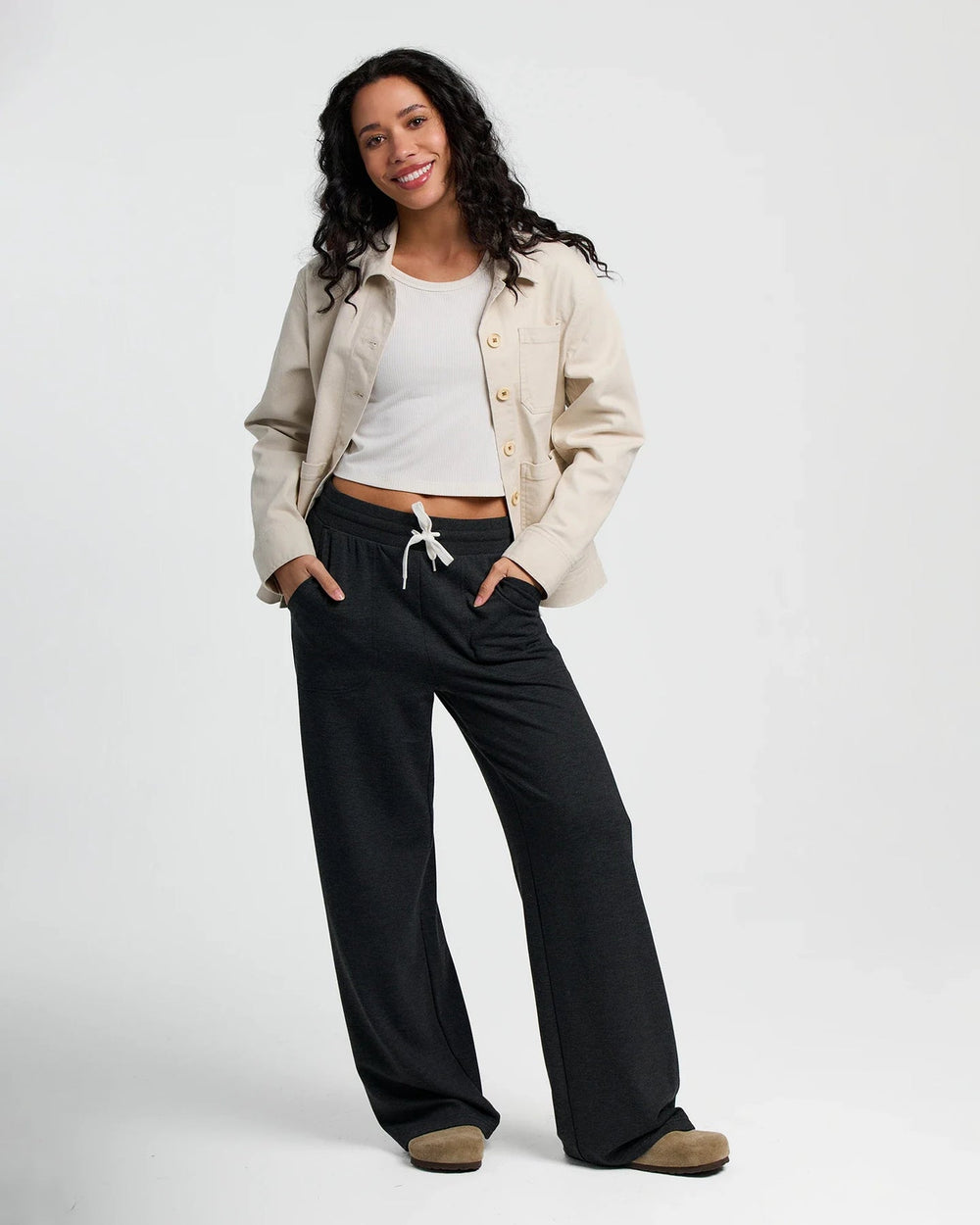 WOMEN'S HEATHER BLACK BAMBOO LIGHTWEIGHT FLEECE WIDE LEG PANT
