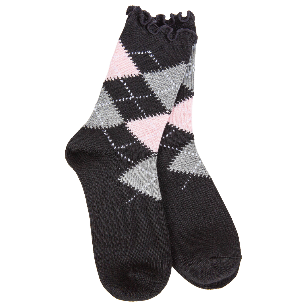 BLACK ARGYLE WEEKEND RUFFLE MINI CREW SOCKS