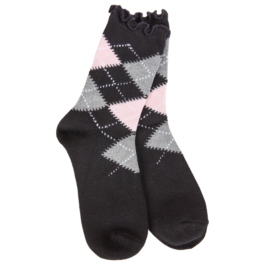 BLACK ARGYLE WEEKEND RUFFLE MINI CREW SOCKS
