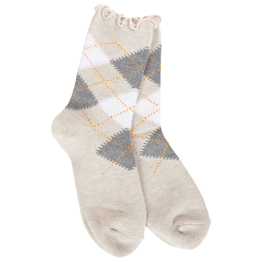 OATMEAL ARGYLE WEEKEND RUFFLE CREW SOCKS