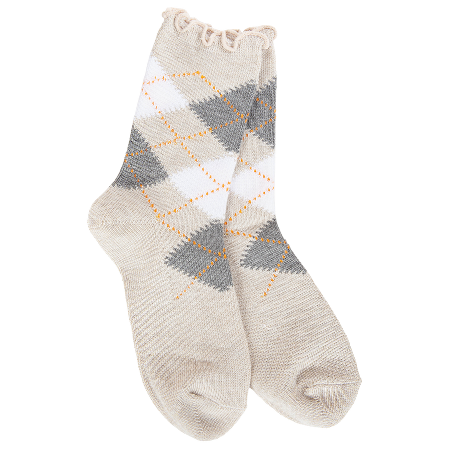 OATMEAL ARGYLE WEEKEND RUFFLE CREW SOCKS
