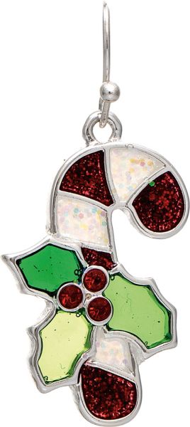 Silver Stained Glass Holly Cane Earrings