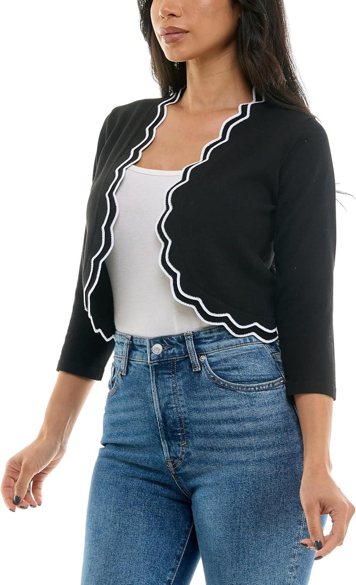 BETSY BLACK CROPPED CARDI W/ SCALLOPED TRIM