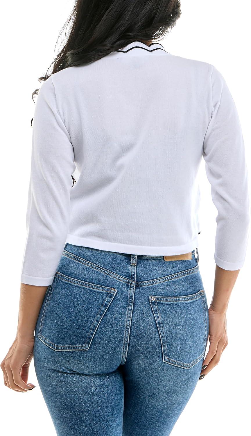 BETSY WHITE CROPPED CARDI W/ SCALLOPED TRIM