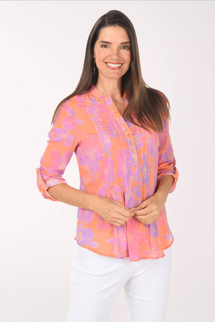 AUDRA ORANGEADE & FUCHSIA FLORAL ROLL SLEEVE BLOUSE
