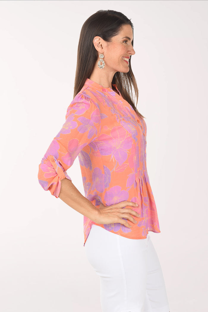 AUDRA ORANGEADE & FUCHSIA FLORAL ROLL SLEEVE BLOUSE