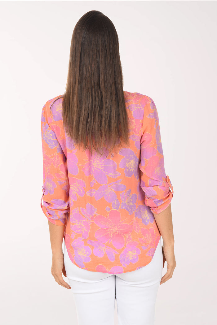 AUDRA ORANGEADE & FUCHSIA FLORAL ROLL SLEEVE BLOUSE