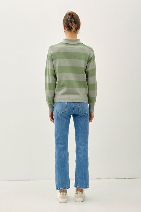 GREEN TEA STRIPE POLO KNIT SWEATER