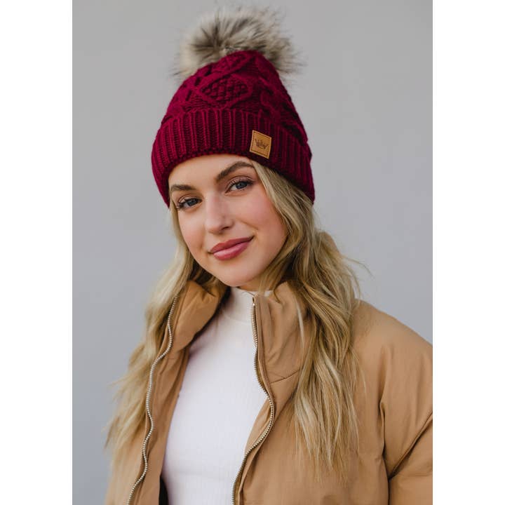 BURGUNDY CABLE KNIT POM HAT
