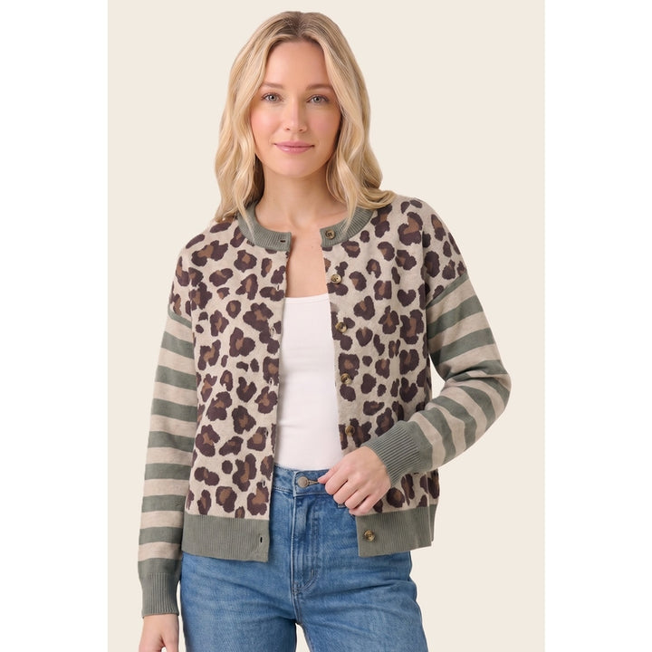 OLIVE STRIPE & LEOPARD BLOCKED BUTTON CARDIGAN