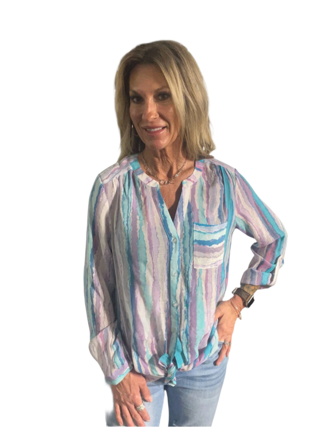 ORCHID WATERCOLOR STRIPE BUTTON FRONT BLOUSE