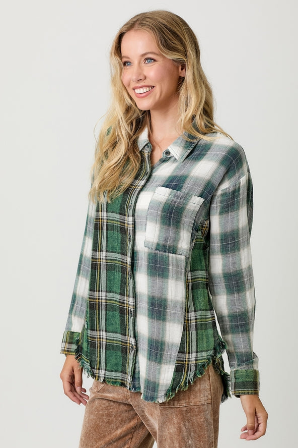 WEEKEND READY WASHED GREEN PLAID SHIRT