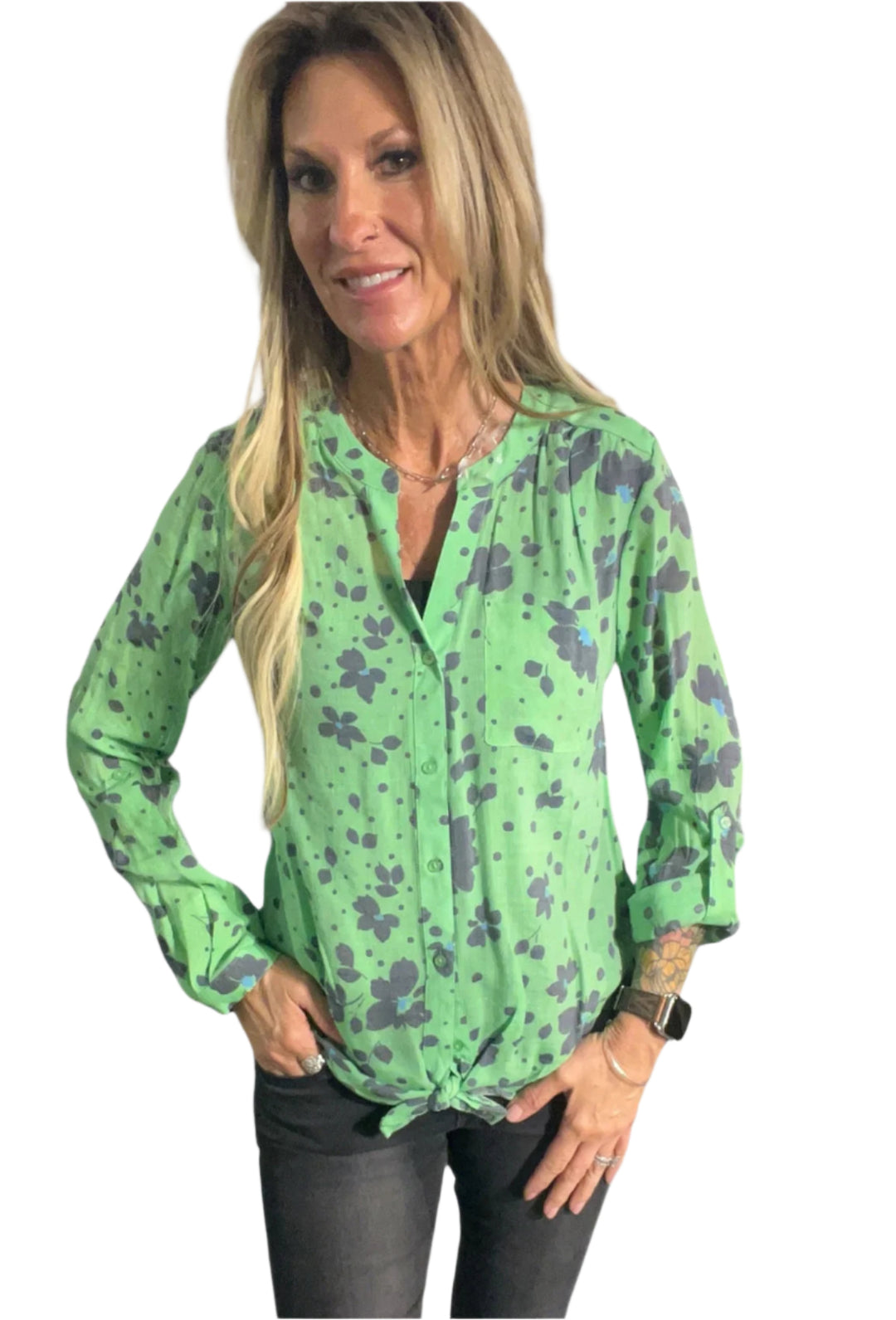 GREEN SPRING BOUQUET BUTTON FRONT BLOUSE