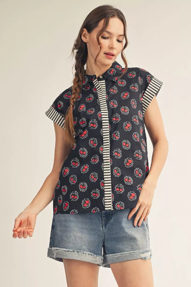 DOUBLE CHERRY PRINT SHORT SLEEVE WOVEN SHIRT