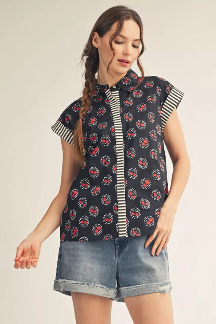 DOUBLE CHERRY PRINT SHORT SLEEVE WOVEN SHIRT