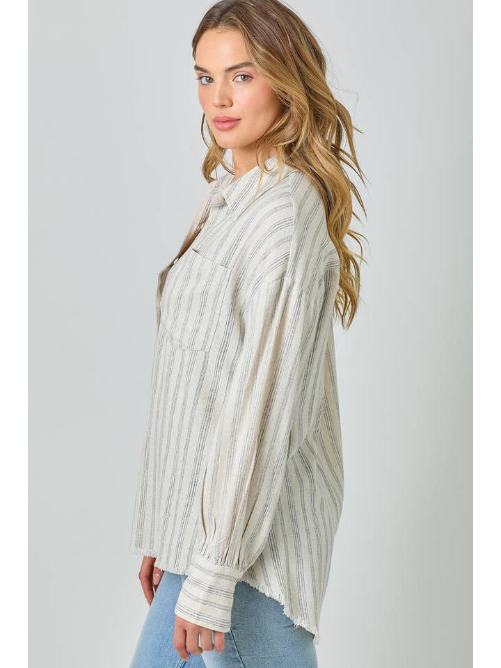 OATMEAL & NAVY STRIPE BUTTON UP SHIRT