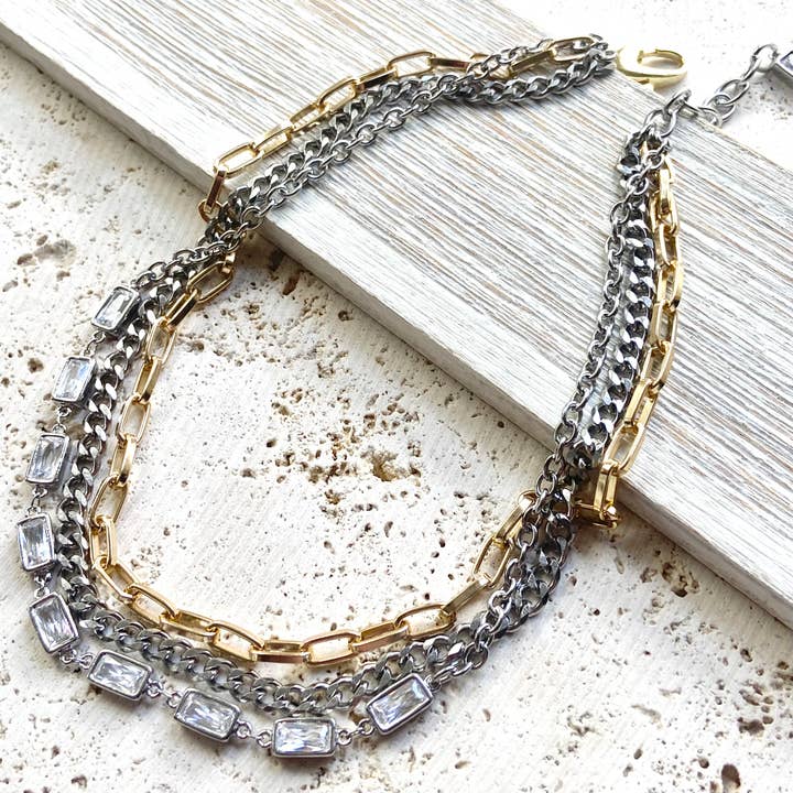 MIXED METAL & SWAROVSKI CRYSTAL TRIPLE LINK NECKLACE
