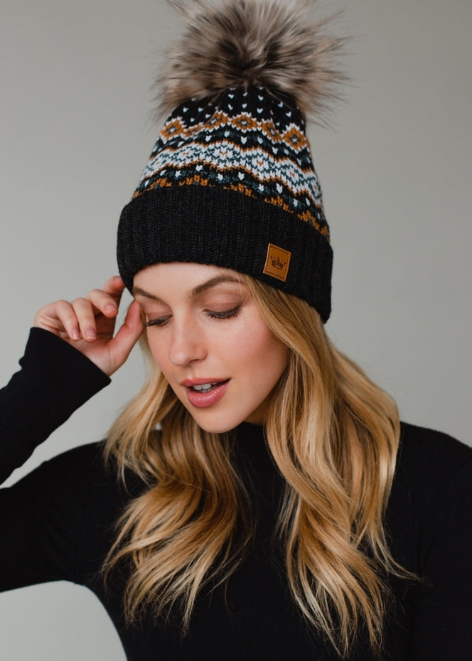 DARK GREY MUSTARD WHITE & BLUE POM HAT
