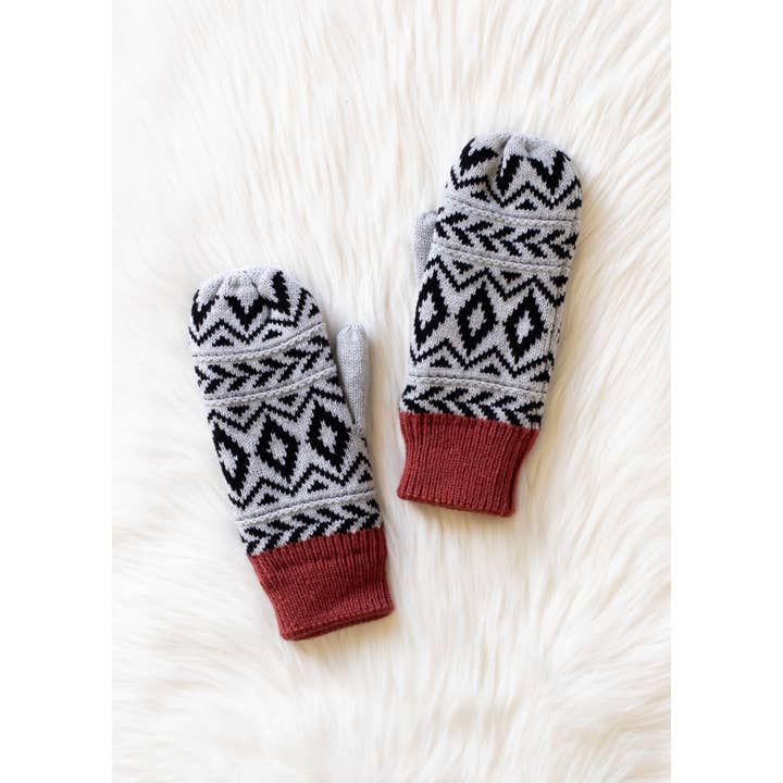 GREY, BLACK & RUST PATTERN FLEECE LINED MITTENS
