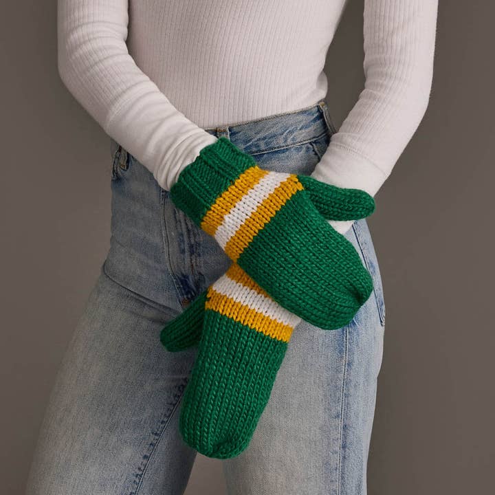 GREEN, GOLD & WHITE STRIPE KNIT MITTENS