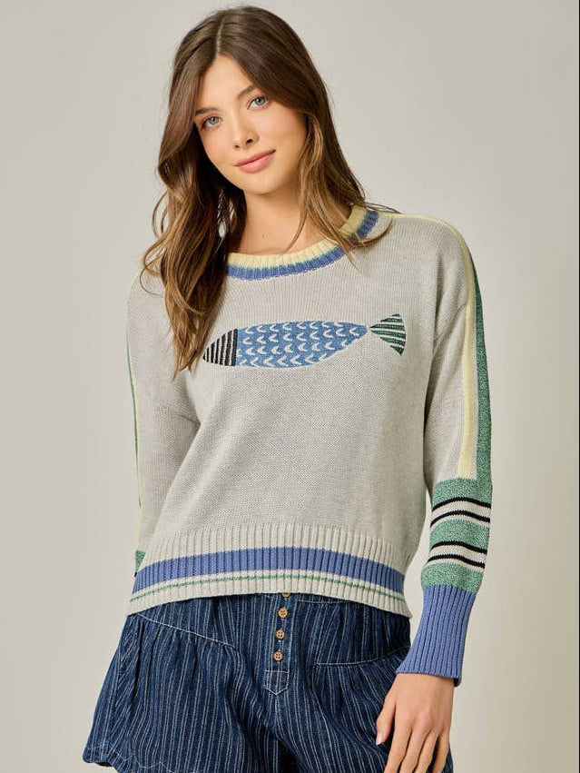 FISH EMBROIDERY CREW SWEATER