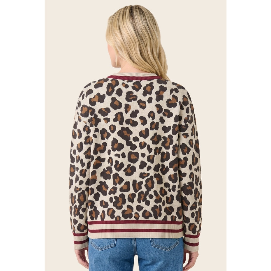 BURGUNDY STRIPE & LEOPARD CREW SWEATER