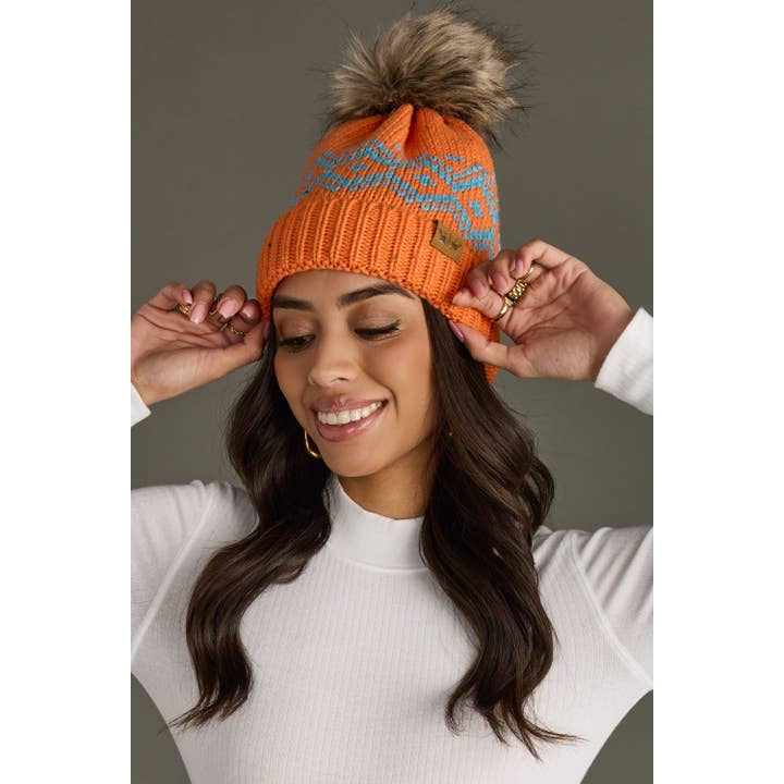 ORANGE & AQUA POM BEANIE HAT
