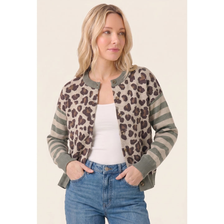 OLIVE STRIPE & LEOPARD BLOCKED BUTTON CARDIGAN
